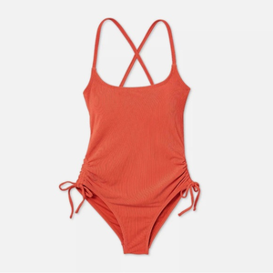🌴Women's Xhilaration Ribbed Side-Cinch One Piece Swimsuit Orange/Red‎ M (4-6)